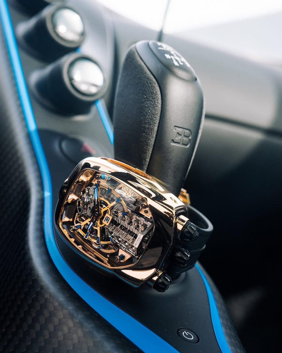 Jacob & Co. Bugatti watch on a Bugatti gear shifter